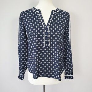 LOFT Petites Navy Diamond Print Long Sleeve Chiffon Blouse Women’s Size XSP
